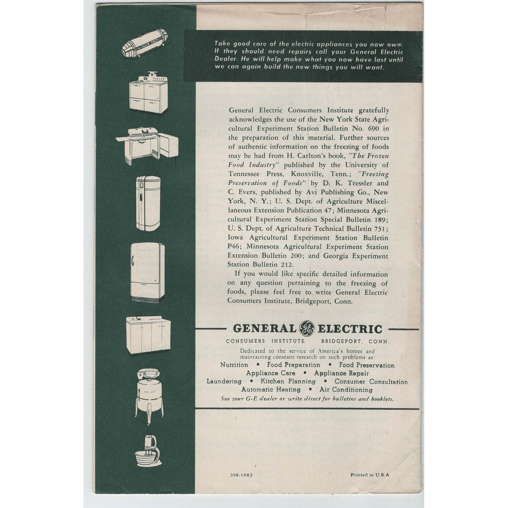 Vtg General Electric Frozen Foods Booklet Bridgeport Conn Consumers Institute - Picture 2 of 2